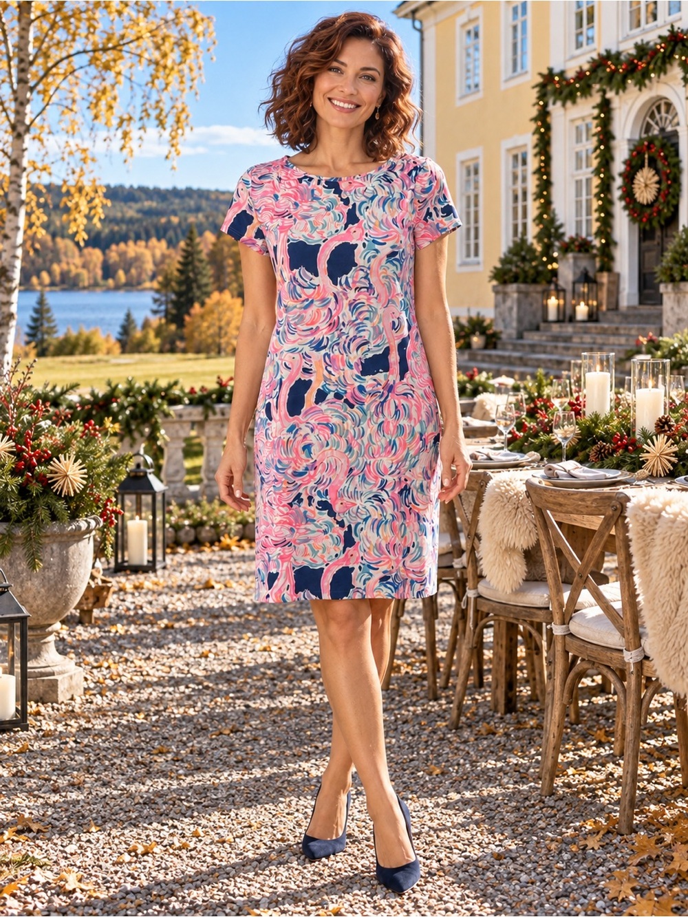 Lilly Pulitzer Pink & Navy Swirl Short Sleeve Midi Dress
